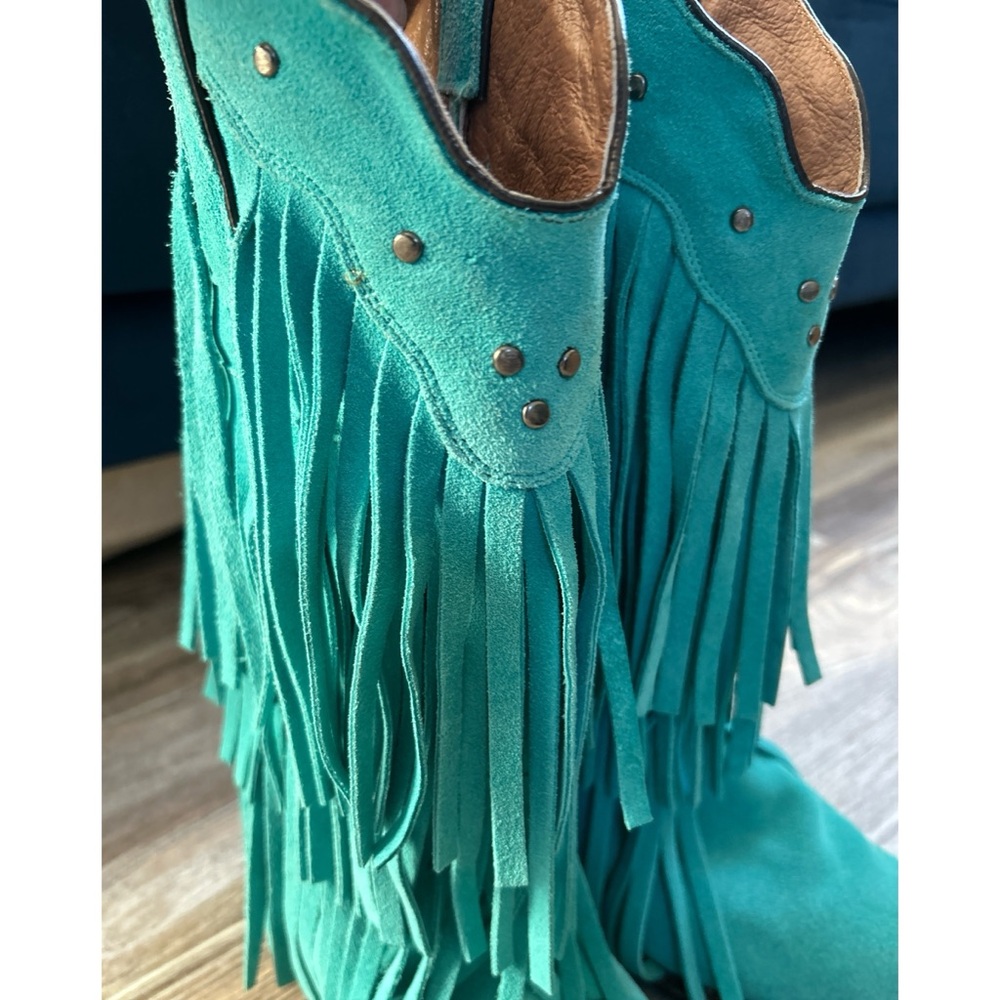 REAL Leather Tanner Mark Turquoise Fringe Cowgirl Boots sz 7 - Picture 6 of 8